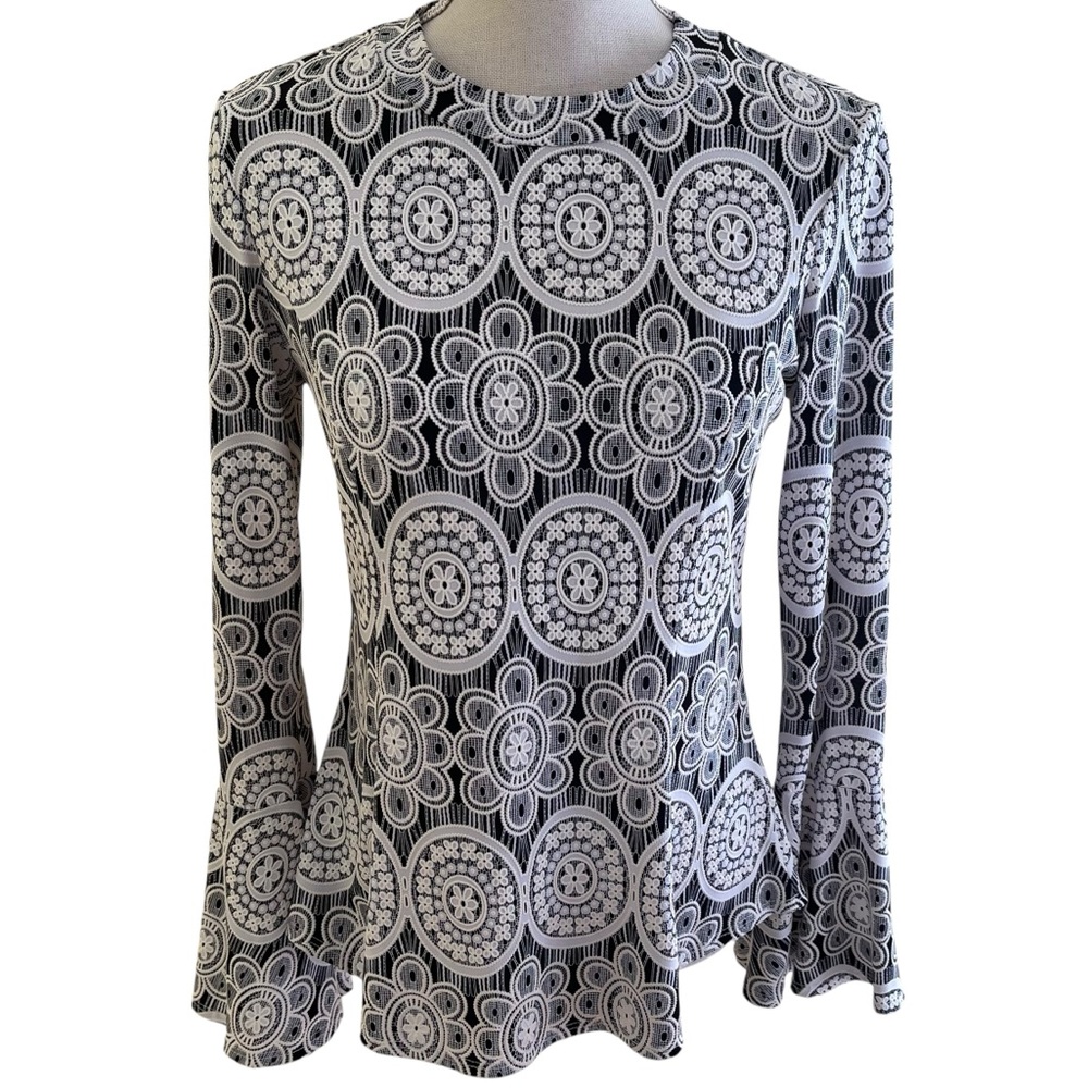 Joseph Ribkoff Black with White Geometric Pattern Bell Sleeve Knit Top 6